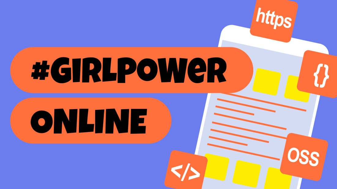 Grafik eines Smartphones mit verschiedenen Icons. Text: #GIRLPOWER ONLINE