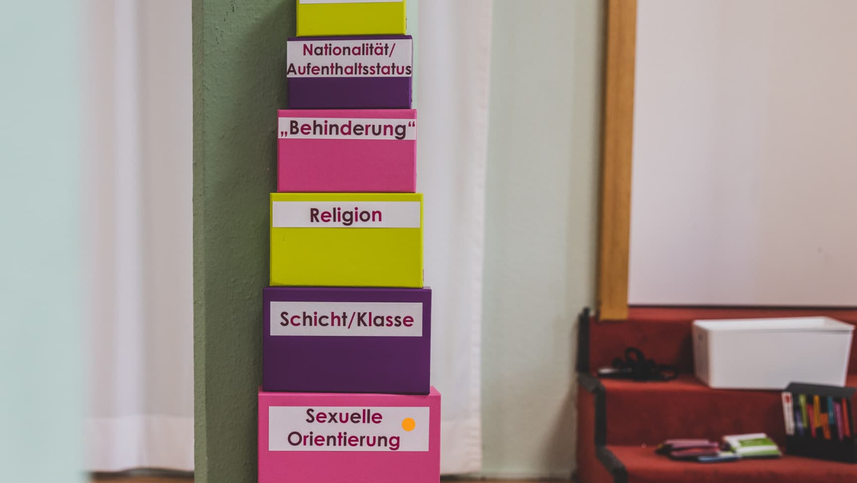 Aufeinander gestapelte Schachteln mit Aufschriften wie Alter, Nationalität, "Behinderung", Religion, Klasse...